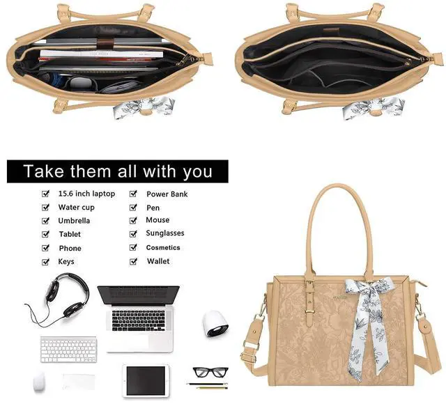 Alt view image 4 of 5 - MOSISO Laptop Bag for Women, 15.6-16 inch PU Leather Tote Bag Compatible with MacBook, HP, Dell, Asus Notebook, Front Embossed Retro Hibiscus Computer Bags with Silk Scarf&Clutch Purse, Apricot