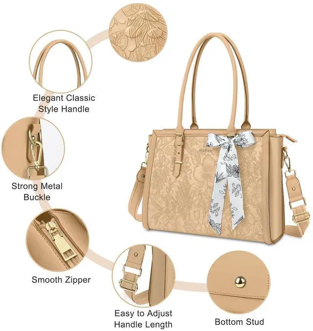 Alt view image 3 of 5 - MOSISO Laptop Bag for Women, 15.6-16 inch PU Leather Tote Bag Compatible with MacBook, HP, Dell, Asus Notebook, Front Embossed Retro Hibiscus Computer Bags with Silk Scarf&Clutch Purse, Apricot