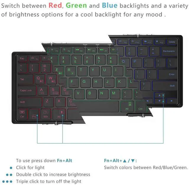 Alt view image 2 of 5 - iClever BK05 Bluetooth Keyboard with 3-Color Backlight, Bluetooth 5.1 Multi-Device Foldable Keyboard with Aluminum Alloy Base for iOS Windows Android Tablets, Smartphones, Laptops, PC and More