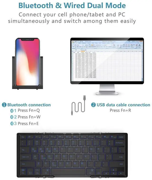 Alt view image 5 of 5 - iClever BK05 Bluetooth Keyboard with 3-Color Backlight, Bluetooth 5.1 Multi-Device Foldable Keyboard with Aluminum Alloy Base for iOS Windows Android Tablets, Smartphones, Laptops, PC and More