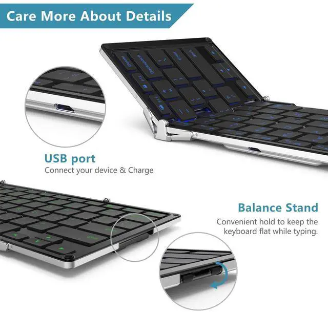 Alt view image 3 of 5 - iClever BK05 Bluetooth Keyboard with 3-Color Backlight, Bluetooth 5.1 Multi-Device Foldable Keyboard with Aluminum Alloy Base for iOS Windows Android Tablets, Smartphones, Laptops, PC and More