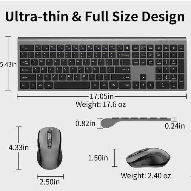 Alt view image 4 of 5 - Wireless Keyboard Mouse Combo,2.4Ghz USB Full Size Cordless Computer Silent Keyboard and Ergonomics Mouse, Scissor Switch Keys, Fn Lock, for Laptop PC Chromebook and Windows 11/10/7/XP - Grey