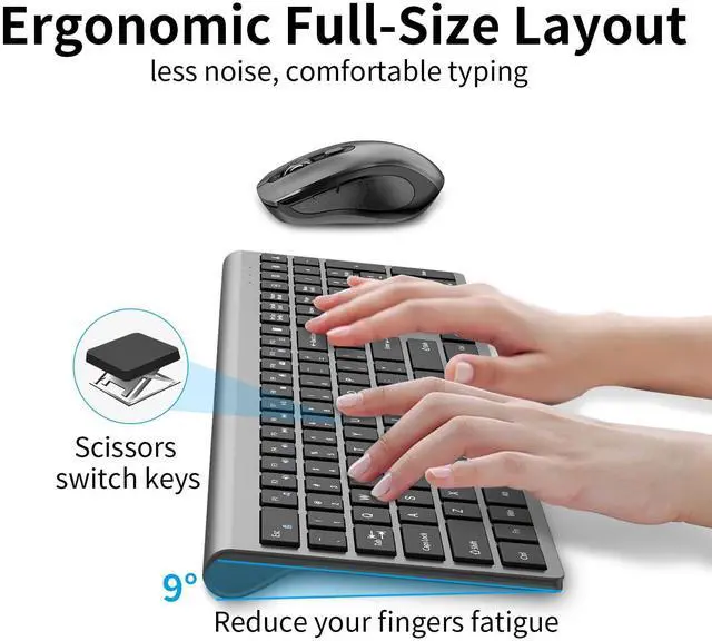 Alt view image 5 of 5 - Wireless Keyboard Mouse Combo,2.4Ghz USB Full Size Cordless Computer Silent Keyboard and Ergonomics Mouse, Scissor Switch Keys, Fn Lock, for Laptop PC Chromebook and Windows 11/10/7/XP - Grey