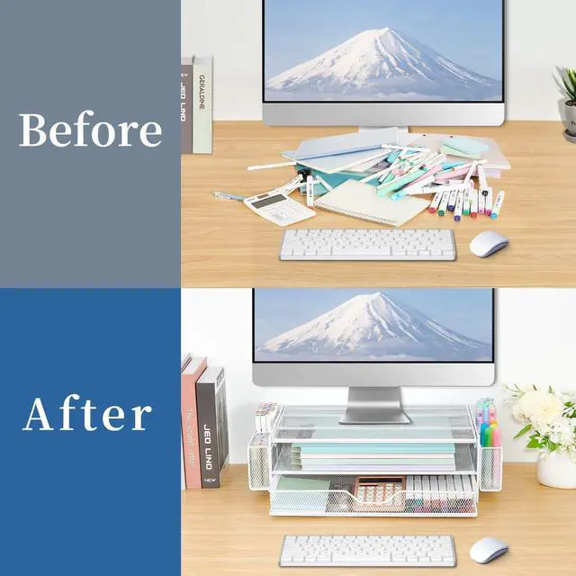 Alt view image 3 of 5 - AUPSEN Computer Monitor Stands with Drawers and 2 Pen Holder, Desk Accessories & Workspace Desk Organizers, Monitor Stand for Computer, Laptop, Printer, Office Supplies(White)