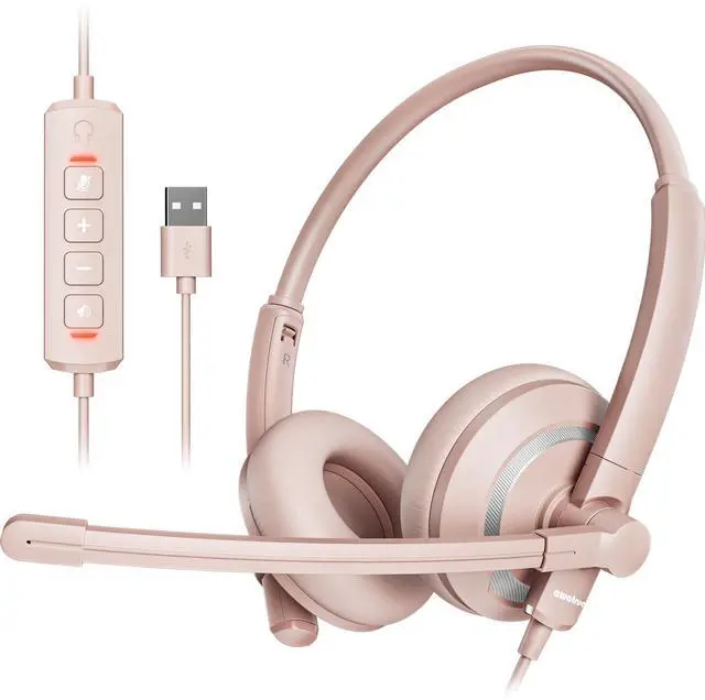 Main image of awatrue Computer USB Headset with Microphone for PC Laptop - WiredHeadphones with in-Line Control, Lightweight, Enhanced Sound & MIC Mute(Pink)