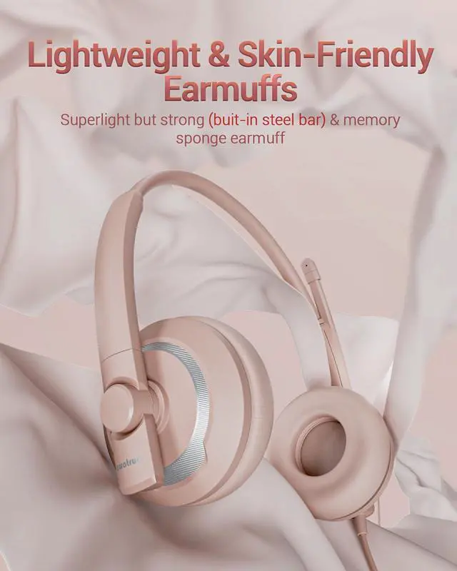 Alt view image 2 of 5 - awatrue Computer USB Headset with Microphone for PC Laptop - WiredHeadphones with in-Line Control, Lightweight, Enhanced Sound & MIC Mute(Pink)