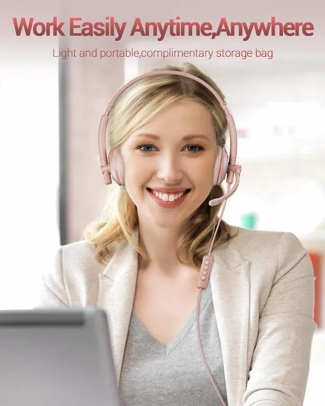 Alt view image 5 of 5 - awatrue Computer USB Headset with Microphone for PC Laptop - WiredHeadphones with in-Line Control, Lightweight, Enhanced Sound & MIC Mute(Pink)