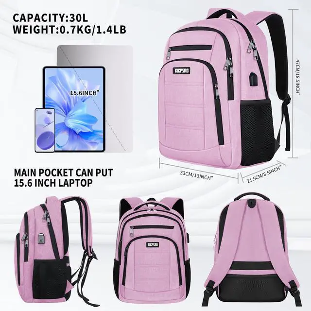 Alt view image 4 of 5 - Backpack for Women, School Backpack for Girls, Work Business Back pack with USB Charging Port,Water Resistant College Computer Bookbag Fits 15.6 Inch Laptop,Back Pack,Mochilas Pink
