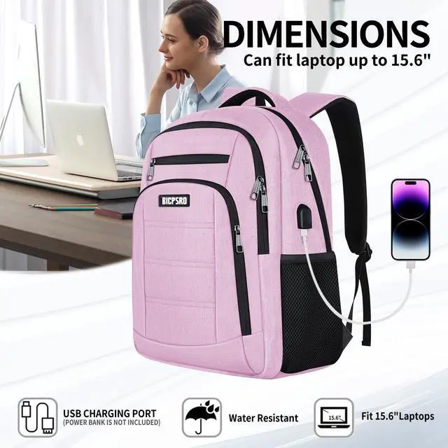 Alt view image 5 of 5 - Backpack for Women, School Backpack for Girls, Work Business Back pack with USB Charging Port,Water Resistant College Computer Bookbag Fits 15.6 Inch Laptop,Back Pack,Mochilas Pink