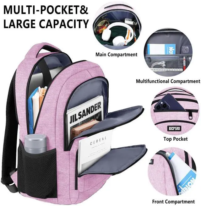 Alt view image 3 of 5 - Backpack for Women, School Backpack for Girls, Work Business Back pack with USB Charging Port,Water Resistant College Computer Bookbag Fits 15.6 Inch Laptop,Back Pack,Mochilas Pink