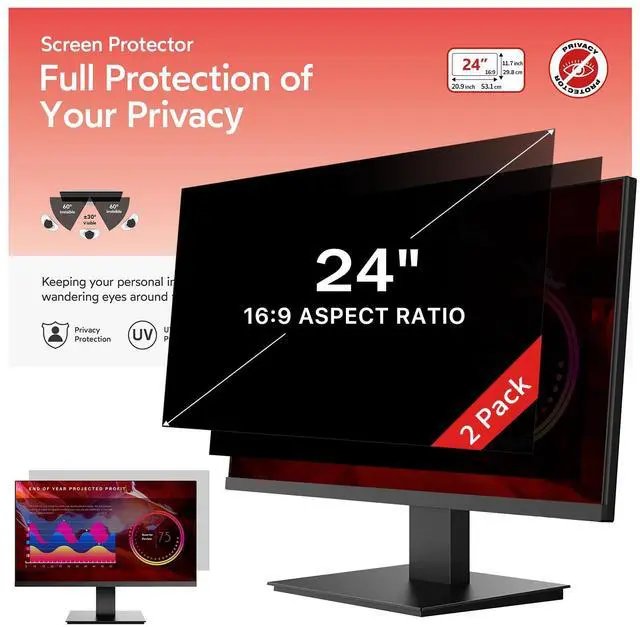 Main image of bersem 2 Pack 24 Inch Computer Privacy Screen for 16:9 Ratio Monitors, Anti-Glare, Blue Light Filter, Removable, UV-Blocking
