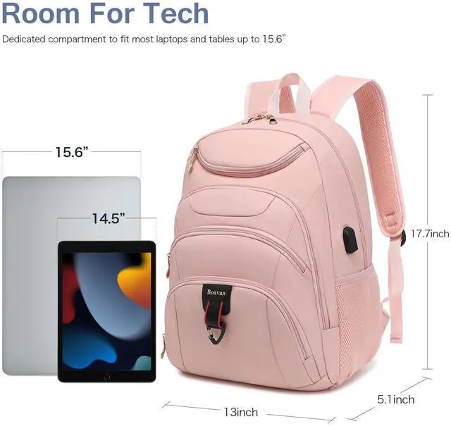 Alt view image 3 of 5 - Boavan Laptop Backpack for women, 15.6 inch Laptop Bag with USB Port, Waterproof Travel Work Backpack Purse, Anti-Theft Teacher Nurse Doctor Casual Bookbags Office Business backpack,Pink