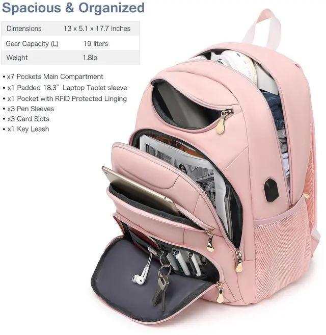 Alt view image 2 of 5 - Boavan Laptop Backpack for women, 15.6 inch Laptop Bag with USB Port, Waterproof Travel Work Backpack Purse, Anti-Theft Teacher Nurse Doctor Casual Bookbags Office Business backpack,Pink