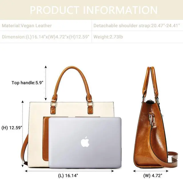 Alt view image 4 of 5 - BROMEN Womens Briefcase Leather 15.6 inch Laptop Shoulder Bag Business Tote Handbag Brown with Beige
