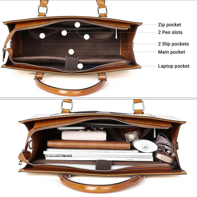 Alt view image 5 of 5 - BROMEN Womens Briefcase Leather 15.6 inch Laptop Shoulder Bag Business Tote Handbag Brown with Beige