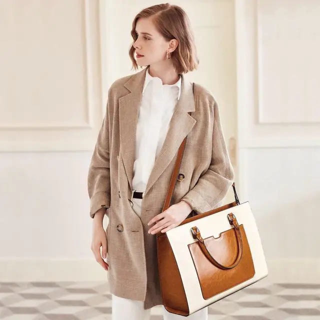 Alt view image 2 of 5 - BROMEN Womens Briefcase Leather 15.6 inch Laptop Shoulder Bag Business Tote Handbag Brown with Beige