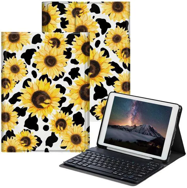 Main image of BPQOJB for iPad 10th Generation Case with Keyboard for iPad Case 10th Generation 10.9 inch 2022 with Detachable Wireless Keyboard & Adjustable Stand Protect Tablet Cover - Sunflower Cow Print