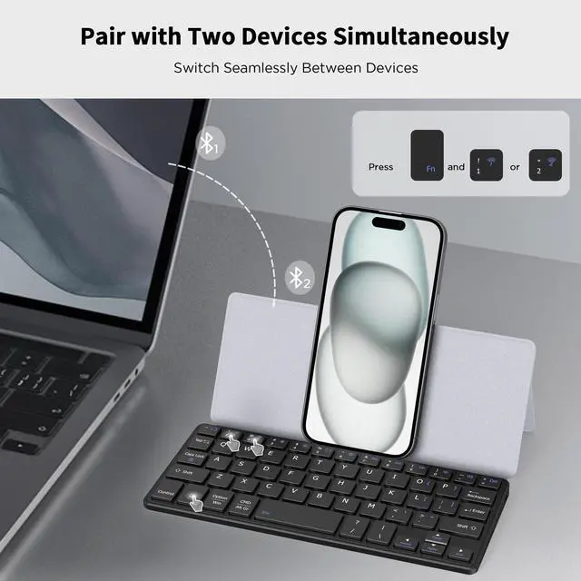 Alt view image 2 of 5 - CACOE Mobilephone Mini Bluetooth Keyboard, Ultra-Thin, Portable and Foldable, Dual-Channel, Suitable for Smartphones and iOS/Android/Windows Systems, Grey