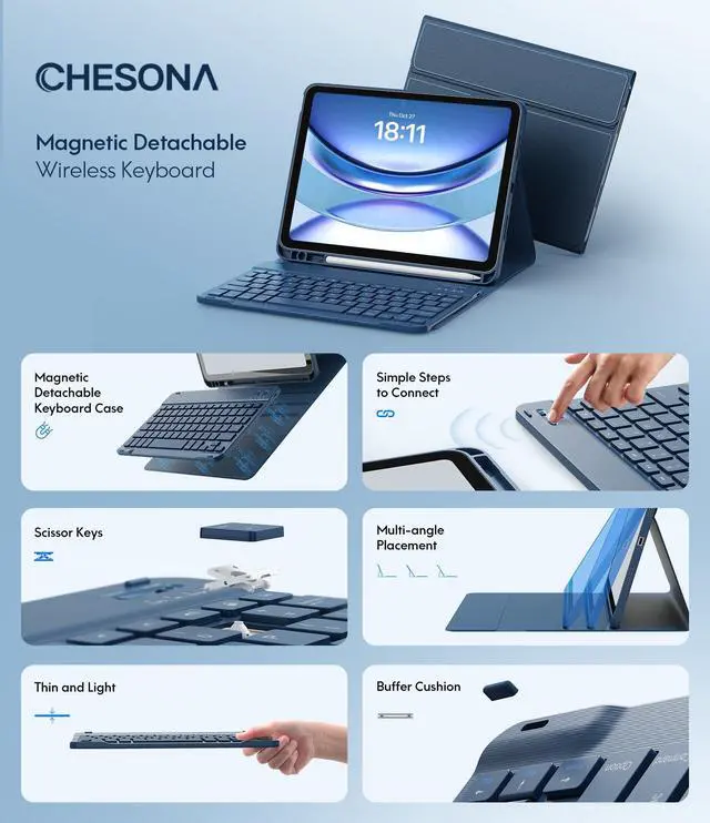 Alt view image 3 of 5 - CHESONA Keyboard Case for iPad (A16) 11th/10th Generation (2025/2022), Detachable Wireless Keyboard, Stand Folio Keyboard Cover with Pencil Holder, Thin & Light (Steel Blue)