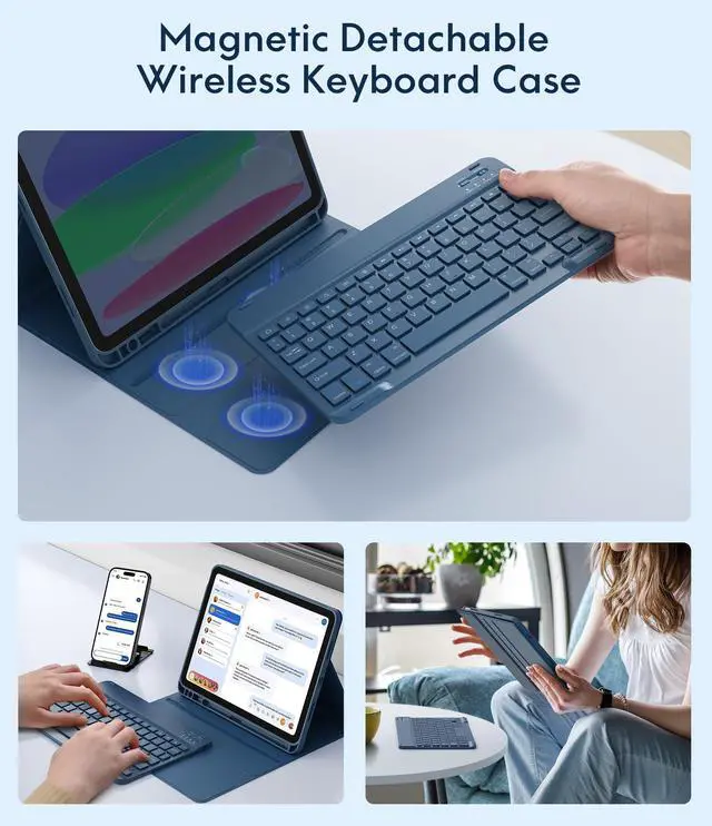 Alt view image 4 of 5 - CHESONA Keyboard Case for iPad (A16) 11th/10th Generation (2025/2022), Detachable Wireless Keyboard, Stand Folio Keyboard Cover with Pencil Holder, Thin & Light (Steel Blue)