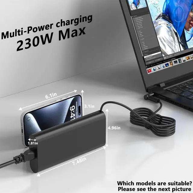Alt view image 3 of 5 - 230W Omen Charger for HP Omen 17 16 17.3" 17-bd 16-c 16-u 16-xd Transcend Gaming Victus 15-fc0025dx 16.1 15.6 Inch ZBook Fury 16 G11 G10 G9 M41303-001 Business Power Supply Adapter 4.5 * 3.0mm