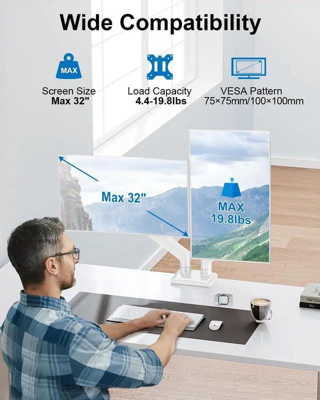 Alt view image 2 of 5 - Dual Monitor Mount Fits 13 to 32 Inch Computer Screen, Dual Monitor Arm Hold up to 19.8lbs Each, Full Motion Monitor Desk Mounts for 2 Monitors, Gas Spring Monitor Stand, VESA Mount, Freelift