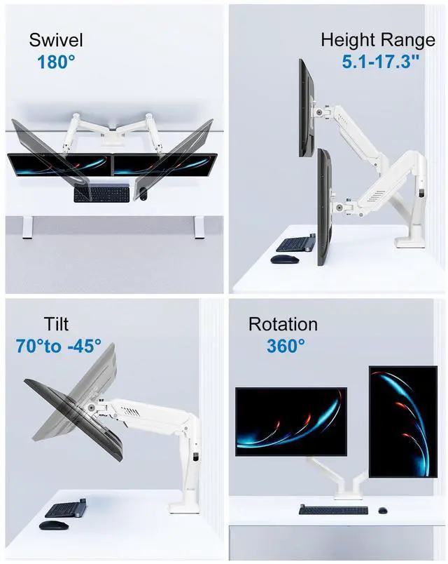 Alt view image 3 of 5 - Dual Monitor Mount Fits 13 to 32 Inch Computer Screen, Dual Monitor Arm Hold up to 19.8lbs Each, Full Motion Monitor Desk Mounts for 2 Monitors, Gas Spring Monitor Stand, VESA Mount, Freelift