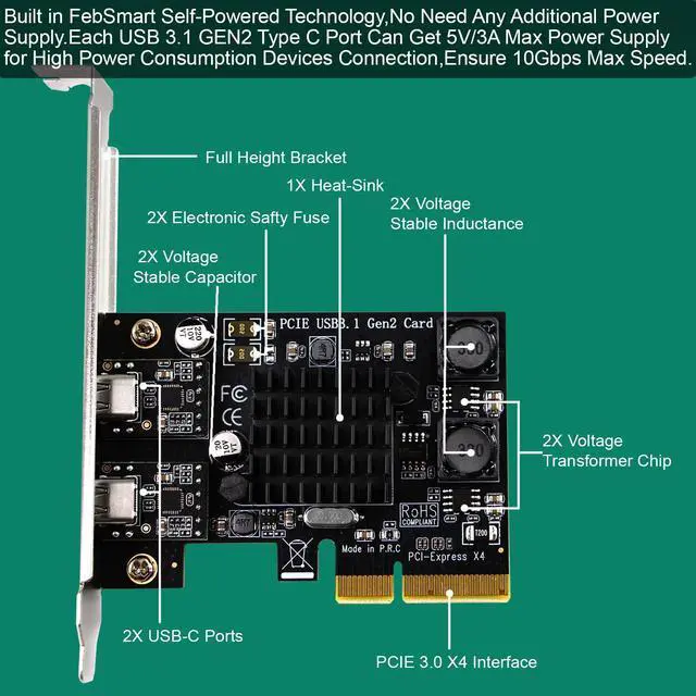 Alt view image 3 of 5 - FebSmart 2X 10Gbps Max Speed USB-C Ports PCIE USB 3.1 GEN 2 Expansion Card for Windows, MAC OS and Linux PCs, Built in FebSmart Self-Powered Technology, No Need Additional Power Supply (FS-C2-Pro)