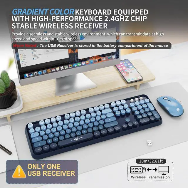 Alt view image 2 of 5 - FOPETT Wireless Keyboard and Mouse Combo, 104 Keys Full-Sized 2.4 GHz Round Keycap Colorful Keyboards, USB Receiver Plug and Play, for Windows, Mac, PC, Laptop, Desktop (GradientBlue)