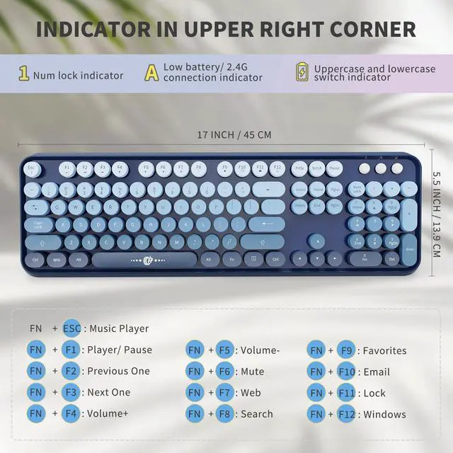 Alt view image 3 of 5 - FOPETT Wireless Keyboard and Mouse Combo, 104 Keys Full-Sized 2.4 GHz Round Keycap Colorful Keyboards, USB Receiver Plug and Play, for Windows, Mac, PC, Laptop, Desktop (GradientBlue)