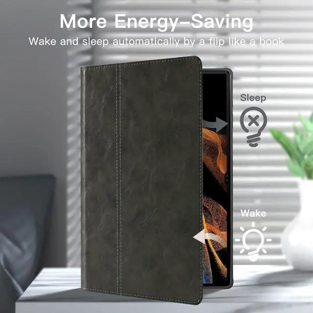 Alt view image 5 of 5 - Gexmil Genuine Leather Case for Samsung Galaxy Tab S9/S9 FE 11 Inch with Pencil Holder,Shockproof Protective Adjustable Kickstand Smart Premium Folio Flip Tablet Cover, Grey