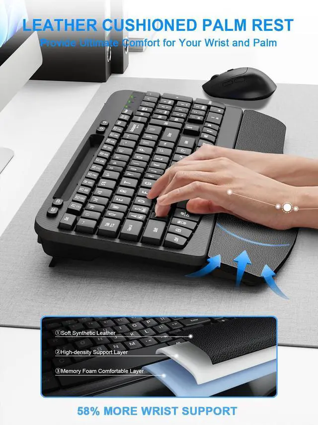 Alt view image 2 of 5 - Wireless Keyboard and Mouse Combo, Wave Keys Computer Ergonomic Keyboard with Cushioned Plam Rest, Phone Holder, 2.4GHz Silent 6 Button Wireless Mouse Set for Laptop, PC, Windows, Mac (Black)