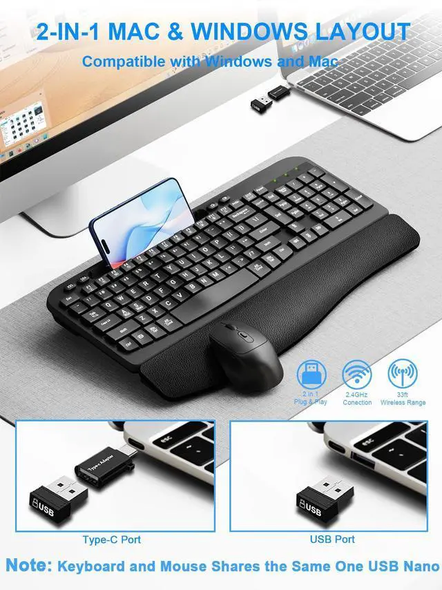 Alt view image 4 of 5 - Wireless Keyboard and Mouse Combo, Wave Keys Computer Ergonomic Keyboard with Cushioned Plam Rest, Phone Holder, 2.4GHz Silent 6 Button Wireless Mouse Set for Laptop, PC, Windows, Mac (Black)