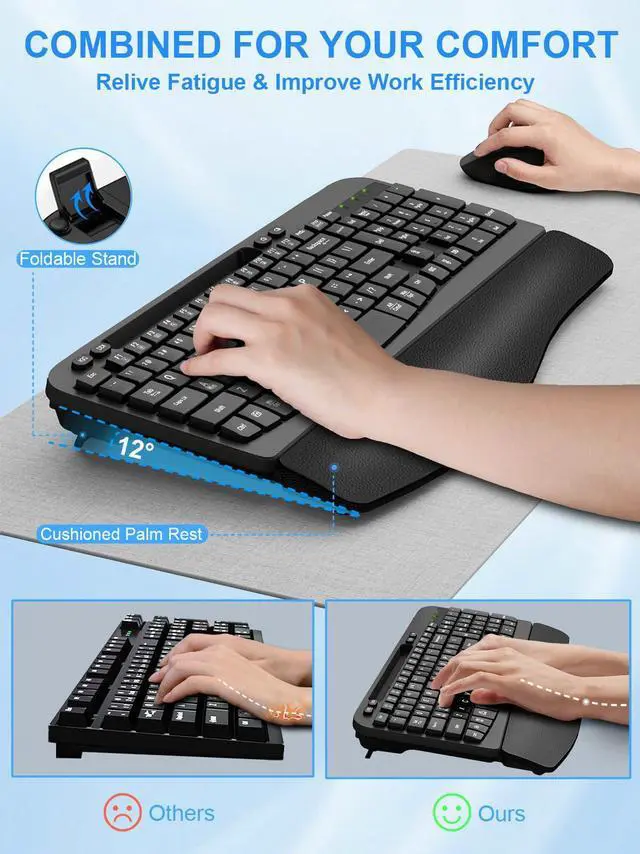 Alt view image 5 of 5 - Wireless Keyboard and Mouse Combo, Wave Keys Computer Ergonomic Keyboard with Cushioned Plam Rest, Phone Holder, 2.4GHz Silent 6 Button Wireless Mouse Set for Laptop, PC, Windows, Mac (Black)