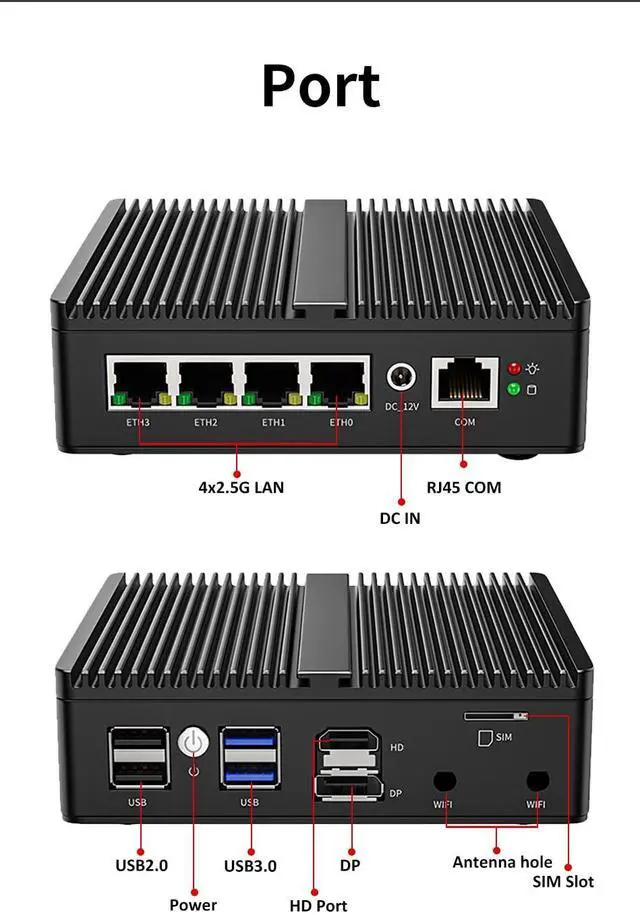 Alt view image 3 of 5 - HKUXZR Micro Firewall Appliance, 4 Inter i226-V 2.5Gbe LAN Ports, Fanless Mini PC Celeron N100 Quad Core, Support AES-NI Barebone Router PC VPN (NO RAM NO SSD)