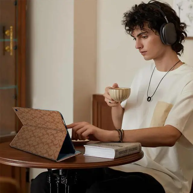 Alt view image 4 of 5 - HYHCF Designer Compatible iPad 10.2 inch Case,9th/8th/7th Generation (2021/2020/2019) iPad Air 3rd 2019/2017 iPad Pro 10.5" PU Leather with Pencil Holder Soft Back Case,Auto Sleep/Wake Cover-Brown