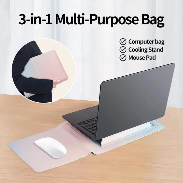 Alt view image 3 of 5 - IMMOENUC-Laptop Sleeve Case with Stand for MacBook Pro 16 A3403/A3186/A2991/A2780/A2485/A2141 M4 M3 M2 M1 Pro/Max MacBook Air 15 A3241/A3114/A2941 16 inch PU Slim Bag with Mouse Pad(Icelandic Blue)