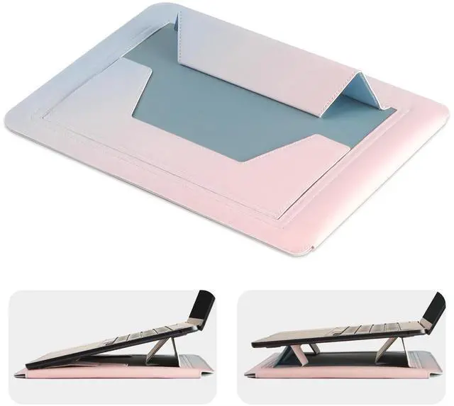 Alt view image 4 of 5 - IMMOENUC-Laptop Sleeve Case with Stand for MacBook Pro 16 A3403/A3186/A2991/A2780/A2485/A2141 M4 M3 M2 M1 Pro/Max MacBook Air 15 A3241/A3114/A2941 16 inch PU Slim Bag with Mouse Pad(Icelandic Blue)