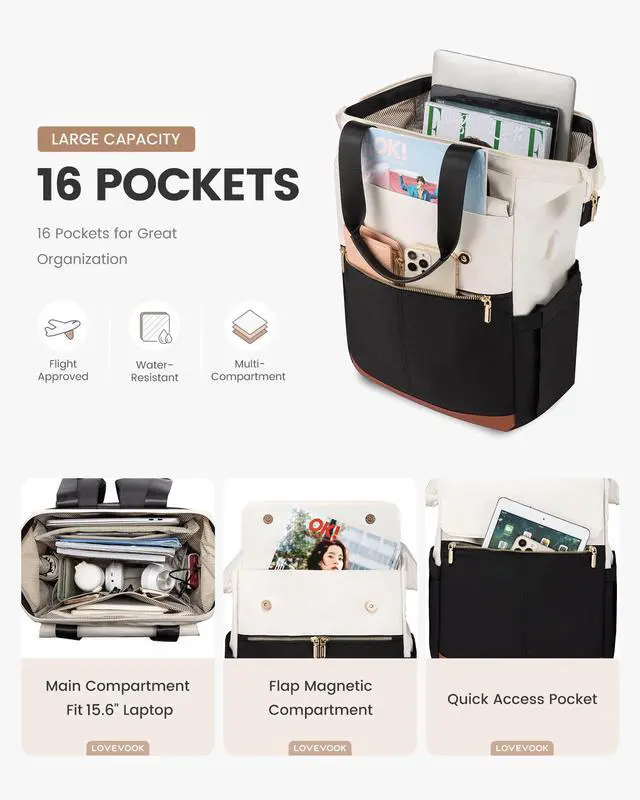 Alt view image 2 of 5 - LOVEVOOK Laptop Backpack for Women, 15.6 Inch Work Laptop Bag with USB Port, Fashion Teacher Nurse Backpack Purse, Waterproof Travel Computer Backpack with Organizer Bag, 2PCS, Beige-Black