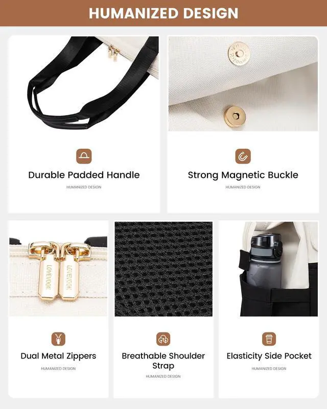 Alt view image 3 of 5 - LOVEVOOK Laptop Backpack for Women, 15.6 Inch Work Laptop Bag with USB Port, Fashion Teacher Nurse Backpack Purse, Waterproof Travel Computer Backpack with Organizer Bag, 2PCS, Beige-Black