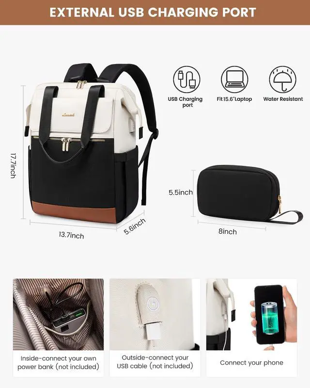 Alt view image 4 of 5 - LOVEVOOK Laptop Backpack for Women, 15.6 Inch Work Laptop Bag with USB Port, Fashion Teacher Nurse Backpack Purse, Waterproof Travel Computer Backpack with Organizer Bag, 2PCS, Beige-Black