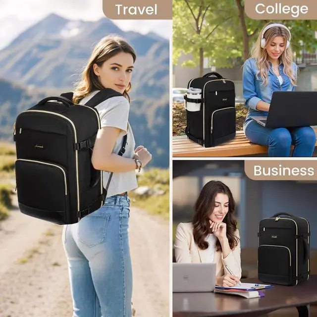 Alt view image 2 of 5 - LOVEVOOK Travel Backpack for Women 50L Carry On Backpack Flight Approved,TSA Personal Item Travel Bag Fits 18" Laptop with 3 Packing Cubes,Large Waterproof Weekender Daypack,Black