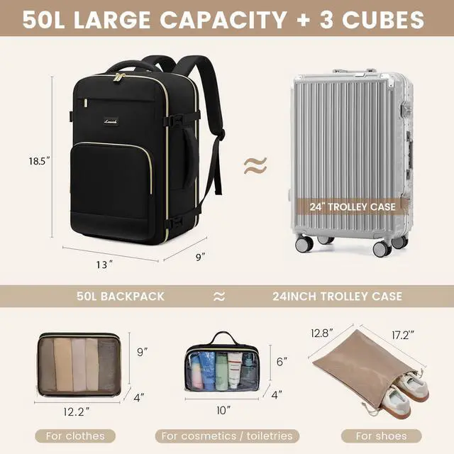 Alt view image 4 of 5 - LOVEVOOK Travel Backpack for Women 50L Carry On Backpack Flight Approved,TSA Personal Item Travel Bag Fits 18" Laptop with 3 Packing Cubes,Large Waterproof Weekender Daypack,Black