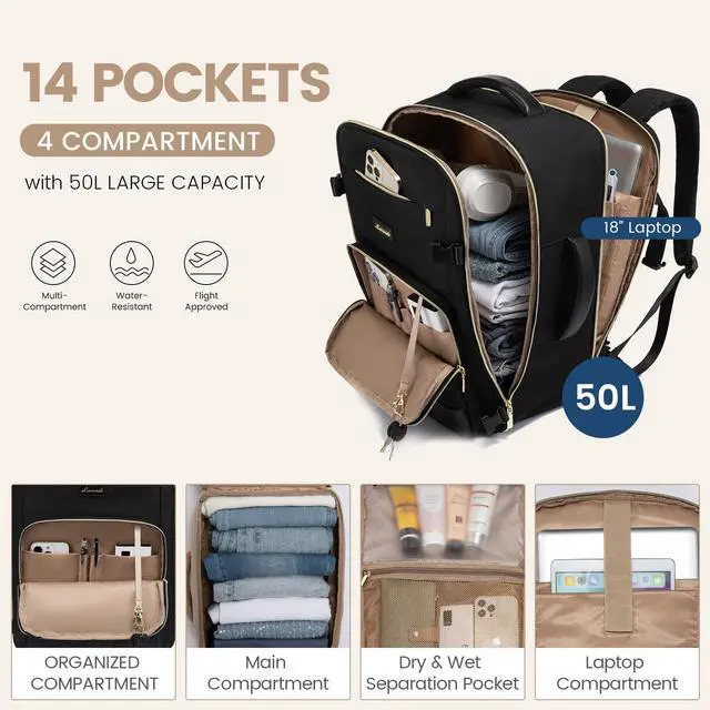 Alt view image 3 of 5 - LOVEVOOK Travel Backpack for Women 50L Carry On Backpack Flight Approved,TSA Personal Item Travel Bag Fits 18" Laptop with 3 Packing Cubes,Large Waterproof Weekender Daypack,Black