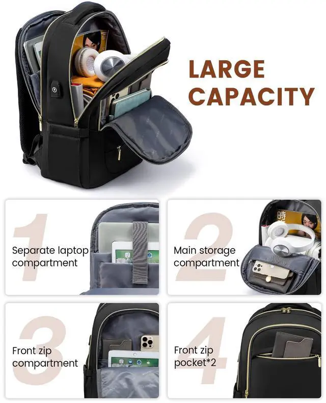 Alt view image 4 of 5 - LOVEVOOK Laptop Backpack for Women, Black Business Travel Backpacks with USB Port, Water Resistant Work Teacher Computer Bag, Stylish Daypack, Fits 15.6" Laptop