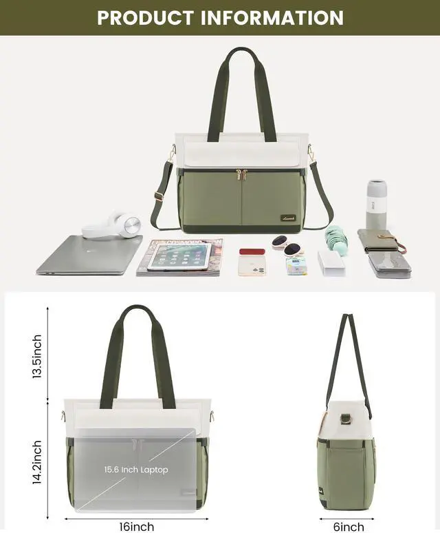Alt view image 3 of 5 - LOVEVOOK Laptop Bag for Women 15.6 Inch Laptop Tote Bag Large Capacity Work Bags Mutiple Pockets Teacher Bags with Removable Strap Water Resistant Computer Bag for Business Travel Nurse, Green Beige
