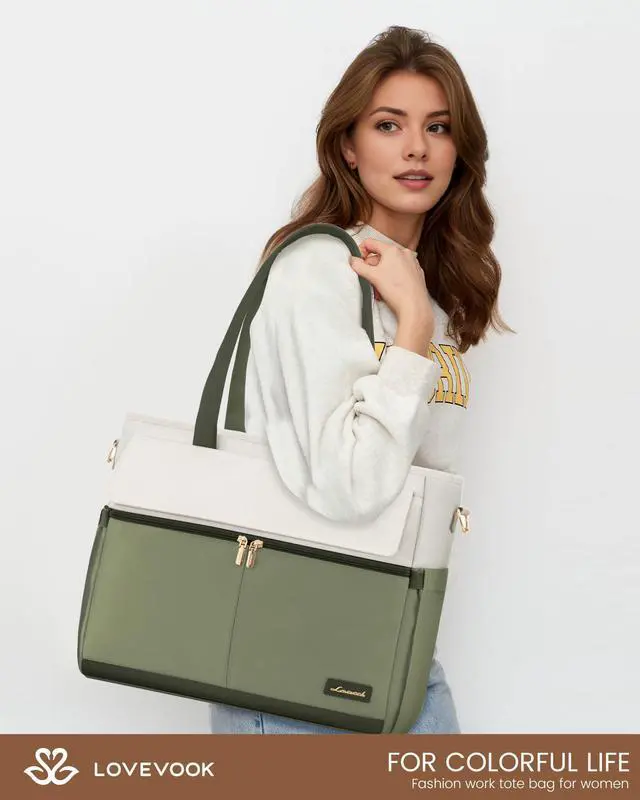 Alt view image 2 of 5 - LOVEVOOK Laptop Bag for Women 15.6 Inch Laptop Tote Bag Large Capacity Work Bags Mutiple Pockets Teacher Bags with Removable Strap Water Resistant Computer Bag for Business Travel Nurse, Green Beige