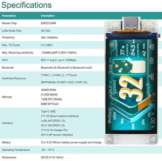 Alt view image 5 of 5 - Vision Master T190 ESP32-R8 LoRa Development Board SX1262 Chip with 1.9" TFT-LCD Screen LoRaWAN BLE 5.0 WiFi Compatible with Arduino LoRa Meshtastic(902-928MHz