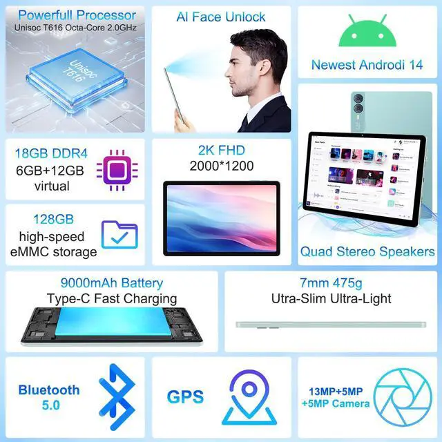 Alt view image 5 of 5 - 2025 Latest 11 inch 2K Tablet with Keyboard Android 14 2000x1200 2 in 1 Tablets PC, T616 Octa Core, 18GB RAM+128GB ROM, 5+5+13MP Camera, 9000mAh Battery 4 Speakers, 5G WiFi, with Case, Stylus - Green