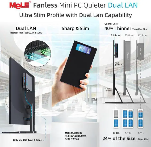 Alt view image 3 of 5 - MeLE QuieterDL Dual LAN Fanless Mini PC,Micro Desktop Computer N100 8GB 256GB NVMe SSD,Support 4K Triple Display, Dual HDMI, All-in-One USB-C WiFi 5 BT5.1